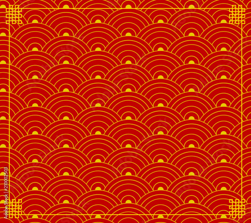 Vector Chinese Ornament, Wave Shapes, Circles Background, Red-Gold Colors, Backdrop with Corners.