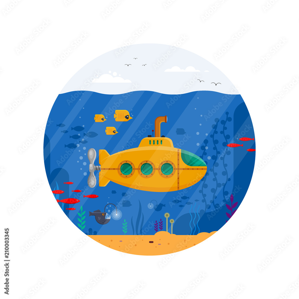 Obraz premium Yellow submarine with periscope underwater concept in circle. Marine life with fish, coral, seaweed, colorful blue ocean landscape. Bathyscaphe template - flat vector illustration