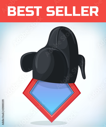 Superhero icon - Superhero logo. Super hero shield with korean hat. Masquerade costume headdress. Carnival or Halloween mask. Cartoon Vector illustration