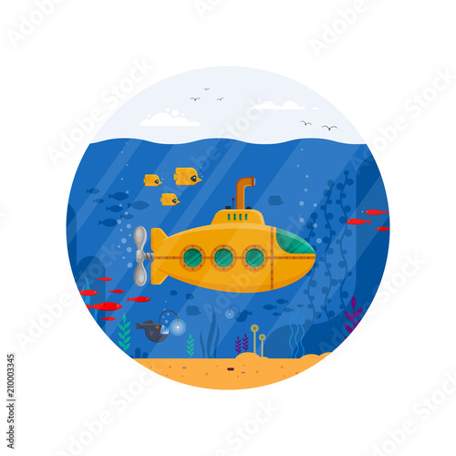 Yellow submarine with periscope underwater concept in circle. Marine life with fish, coral, seaweed, colorful blue ocean landscape. Bathyscaphe template - flat vector illustration