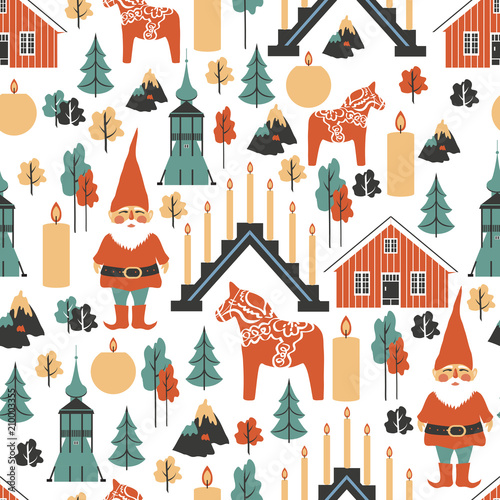 Swedish vector seamless pattern Tomtar elf, Dalecarlica horse, Dalarna horse, red house, candles, candlestick, Bell Tower of Church, Kiruna, isolated on white background, decorative texture flat style photo