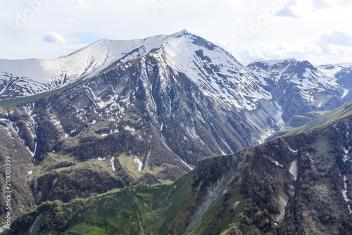 View of the mountains of the Greater Caucasus, Georgia. This is the main chain of the Caucasus mountains.
