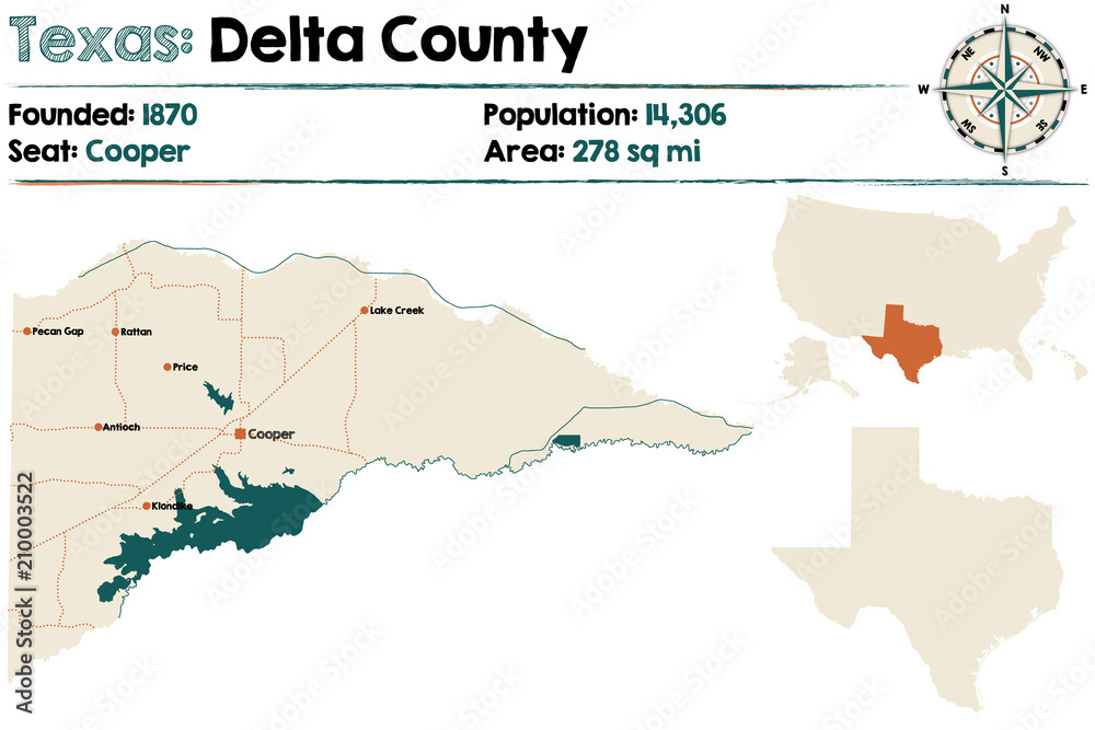 Detailed map of Delta county in Texas, USA.