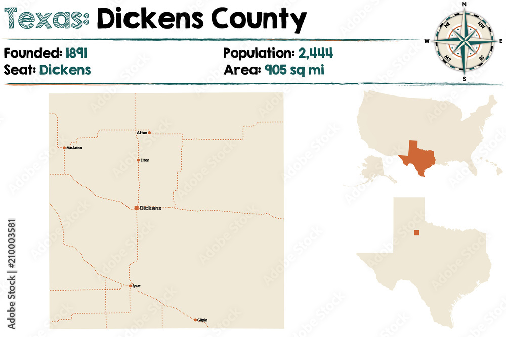 Detailed map of Dickens county in Texas, USA.