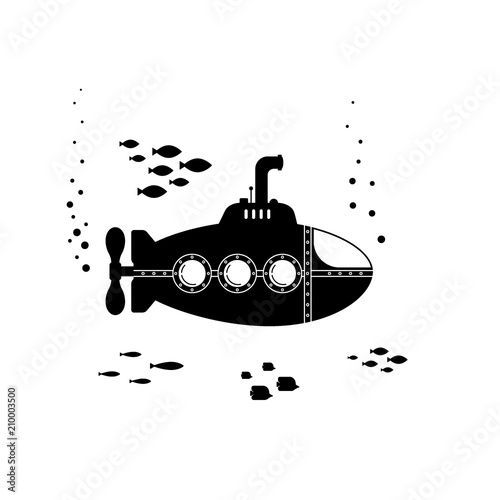 Black silhouette submarine with periscope underwater concept. Marine life with fish, bathyscaphe template - flat vector illustration