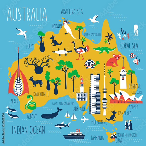 Australia cartoon travel map vector illustration,landmark Telstra Tower, Perth bell tower, Old Windmill Brisbane, Adelaide Town Hall, Eureka skyscraper, Mount Wellington, wild animal decorative symbol
