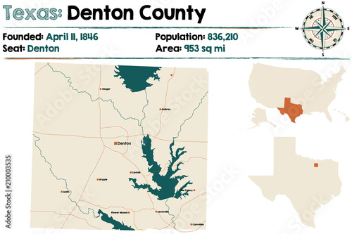 Detailed map of Denton county in Texas, USA.