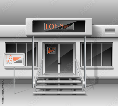 Template for advertising 3d store front facade. Shop exterior for corporate identity. Blank mockup of storefront and stylish street shop exterior. Vector illustration