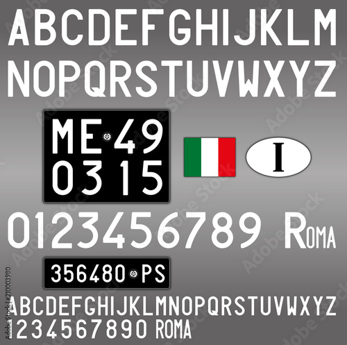 Italy old car license plate, letters, numbers and symbols, vintage style
