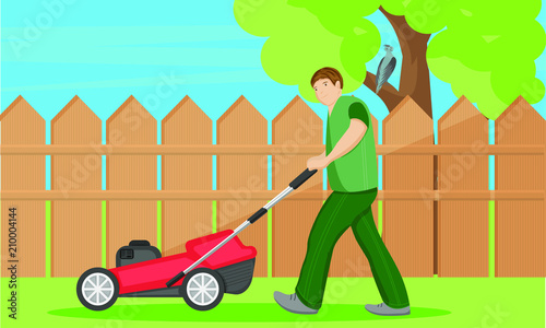 Man mows lawn in his garden in front of his wooden fence and deciduous tree. A bird watches him. All parts are organized in layers