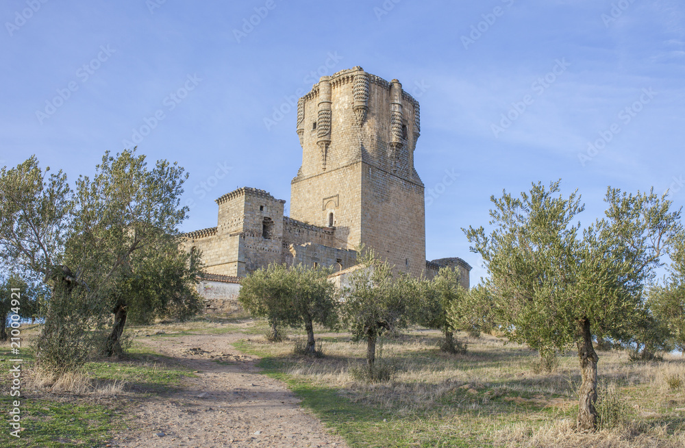 Belalcazar Castle between olive trees, Cordoba, Spain