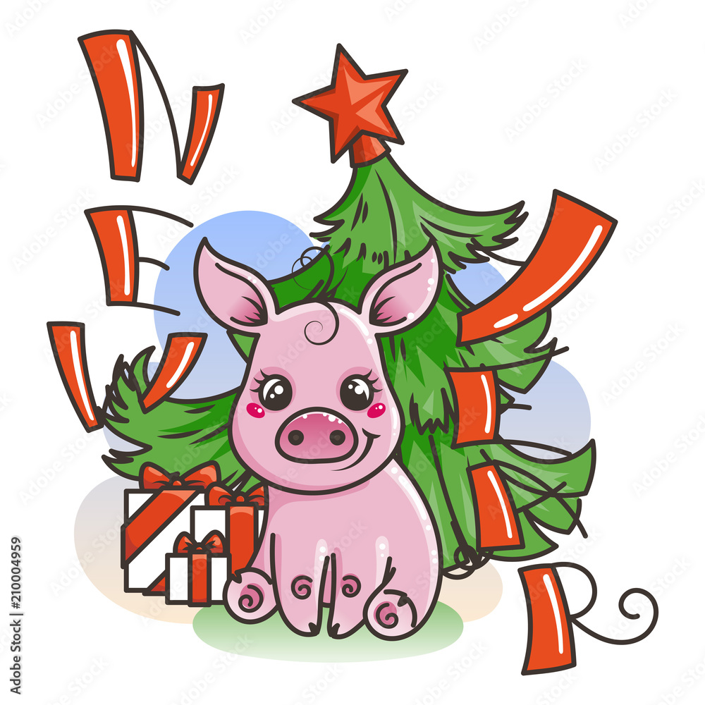 Happy New 2019 Year card with cartoon baby pig. Small symbol of holiday. Happy New 2019 Year card with cartoon baby pig. Small symbol of holiday.