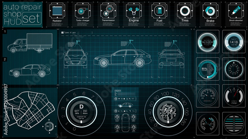 Infographics of freight transport and transportation.Template of automobile infographics. Abstract virtual graphic touch user interface. Cars diagnostic. Template mobile car repair apps. HUD style.