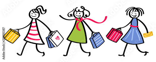 Drei junge Frauen gehen Shoppen, Strichfiguren Mädchen in bunten Kleidern mit Einkaufstaschen beim Einkaufen
