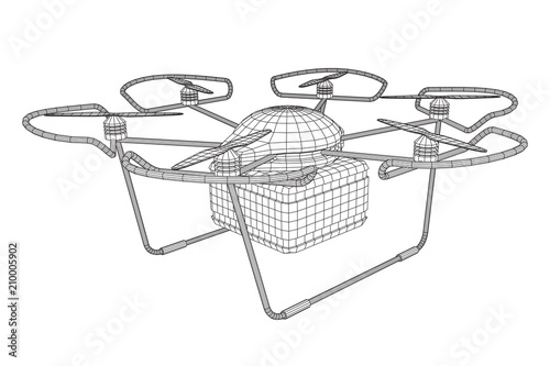 Remote control air drone. Dron flying with cargo box. Wireframe low poly mesh vector illustration
