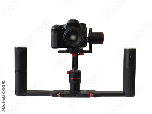 object for smooth video production make movie . isolated on white background . camera stabilizer automatic functions . professional film maker with gimbal . hand held shake motor system . black dslr