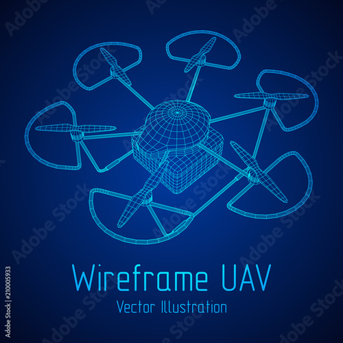 Remote control air drone. Dron flying with cargo box. Wireframe low poly mesh vector illustration