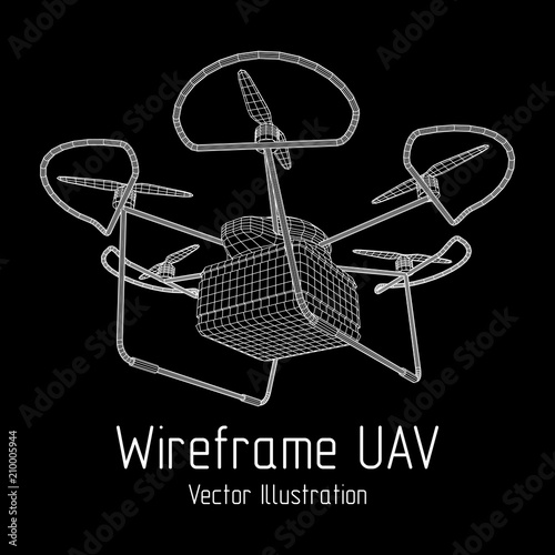Remote control air drone. Dron flying with cargo box. Wireframe low poly mesh vector illustration
