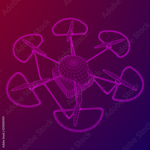 Remote control air drone. Dron flying with cargo box. Wireframe low poly mesh vector illustration