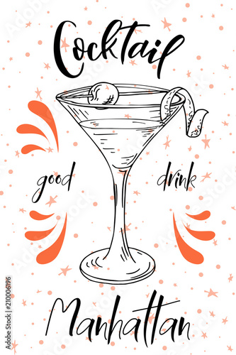 Alcoholc cocktail Manhattan. Party summer poster. Vector background