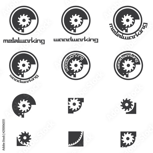 illustration consisting of several images of milling cutters for wood and metal and the inscription "woodworking" and "metalworking" in the form of a symbol or logo