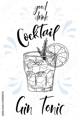 Alcoholc cocktail Gin Tonic. Party summer poster. Vector background