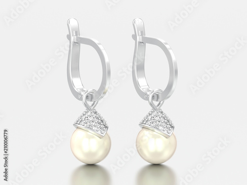 3D illustration white gold or silver pearl diamond earrings with hinged lock