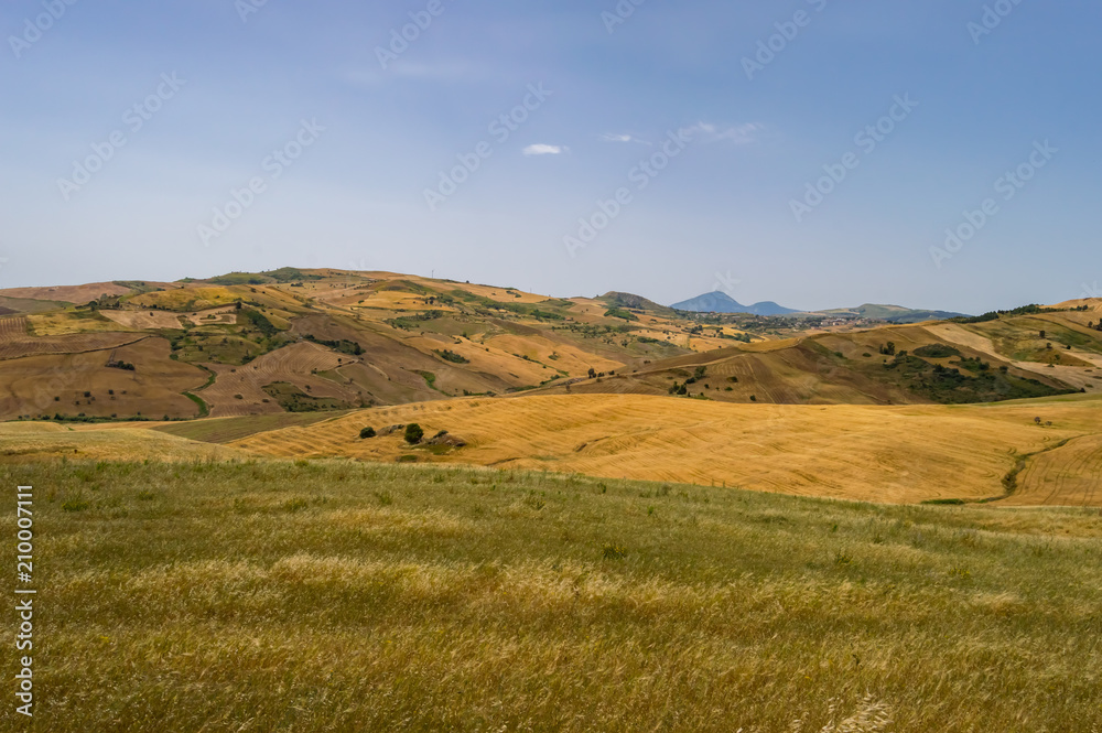 View of the countryside, fields and hills in the region of Vicari