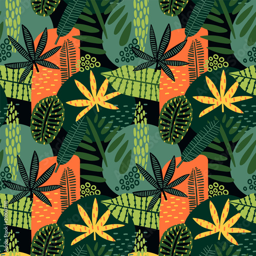 Abstract seamless pattern with tropical leaves.