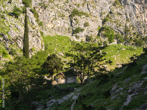 Abandoned ancient chapel in the mountains, behind Kotor fortress. Montenegro, Kotor