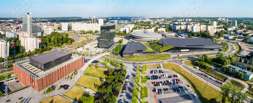 Wide aerial panorama of Katowice city center in Poland