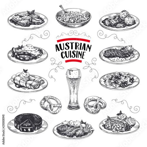 Beautiful vector hand drawn austrian cuisine Illustrations set. Detailed retro style images.