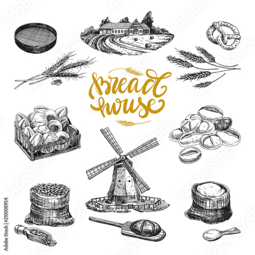 Beautiful vector hand drawn bakery Illustrations set.