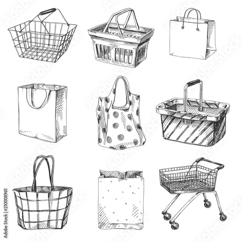 Beautiful vector hand drawn shopping cart, bag and basket set Illustrations.