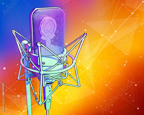 A professional microphone on a color technological background is surrounded by a sound wave. Atmosphere of sound recording studio, chamber concert, night disco club or karaoke club / vector