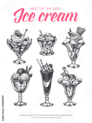 Beautiful vector hand ice cream in a glass Illustration.
