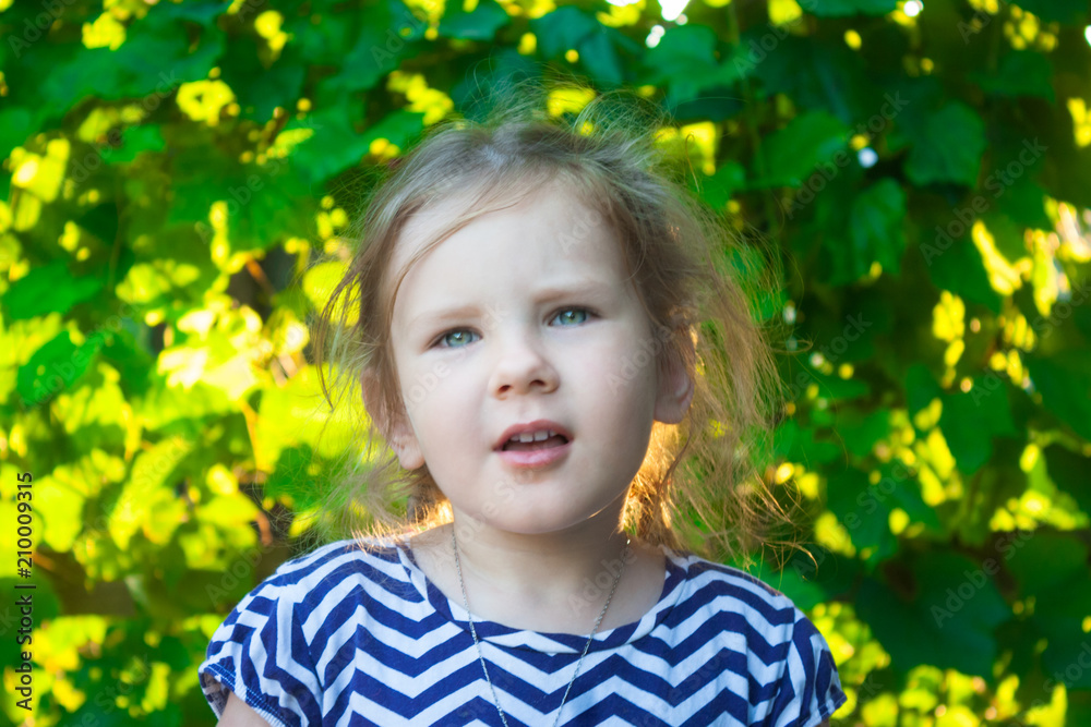 portrait of a cute child, the girls are face on a background of green grape leaves in the summer in the evening light portrait of a cute child, the girls are face on a background of green grape leaves in the summer in the evening light