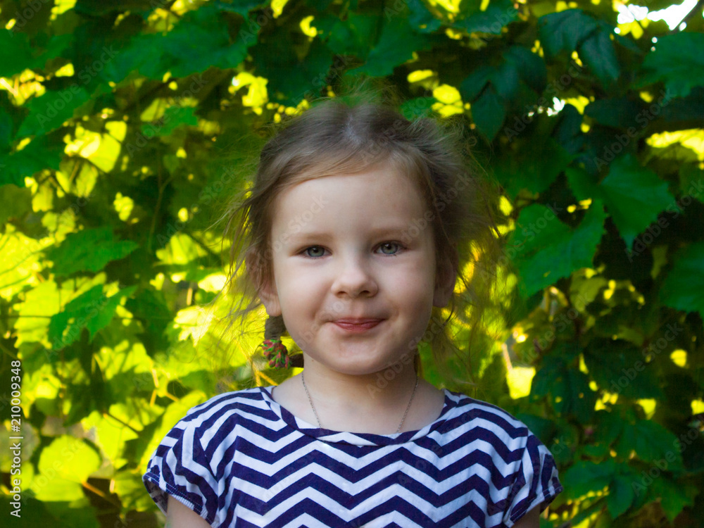 portrait of a cute child, the girls are face on a background of green grape leaves in the summer in the evening light portrait of a cute child, the girls are face on a background of green grape leaves in the summer in the evening light