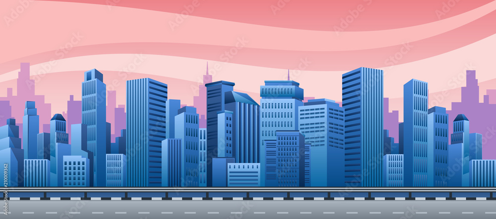 View of an evening city, a building on a background of a pink sunset