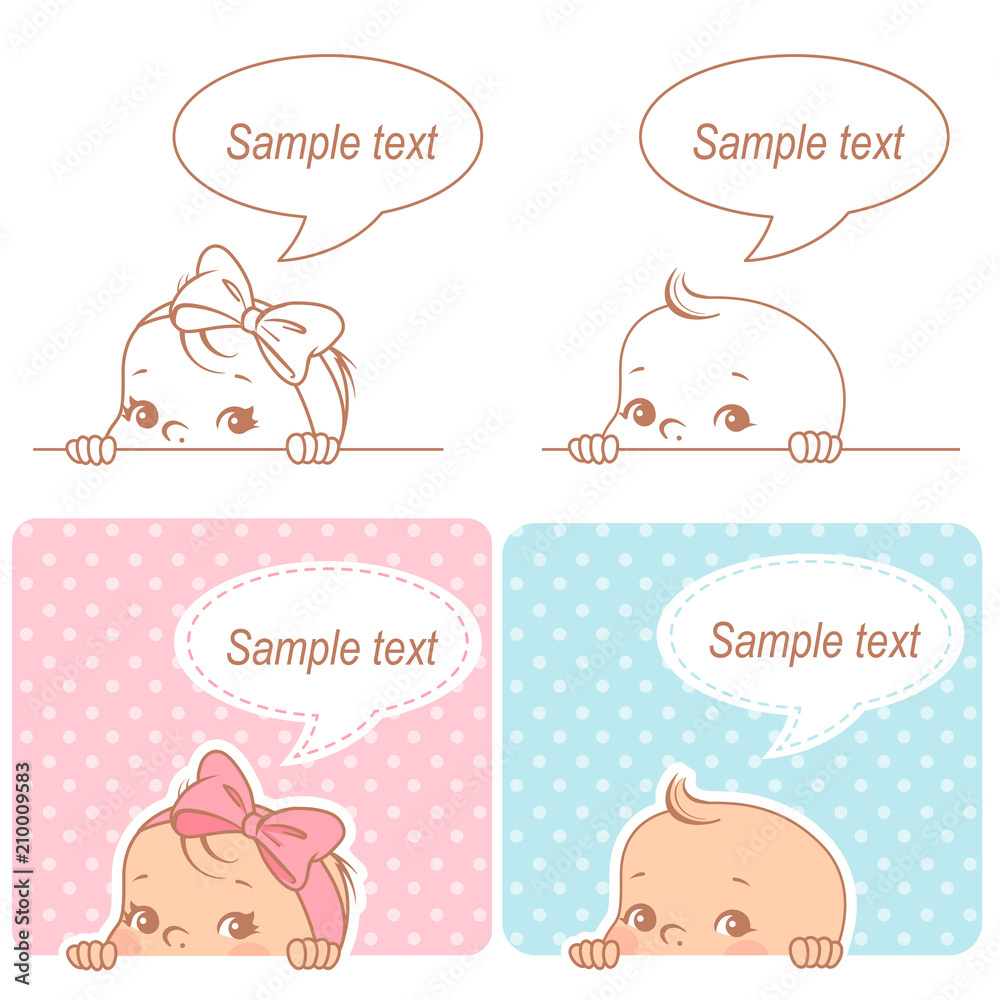 Baby shower set. Baby girl and baby boy with blank text bubble. Say 