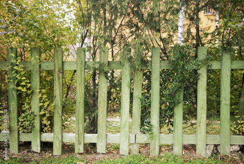 Fototapeta Naklejka Na Ścianę i Meble -  Wooden fence on green garden 