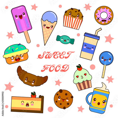 Set of funny dessert characters - donut, croissant, cupcake, cake, , macaroon, cartoon style vector illustration isolated on white background. Cute smiley sweets, dessert characters