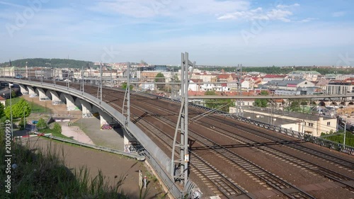 Steam Train passing through Prague, Prague Castle in the background 