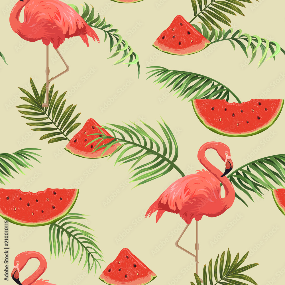 Fotografie seamless pattern with flamingos and watermelons