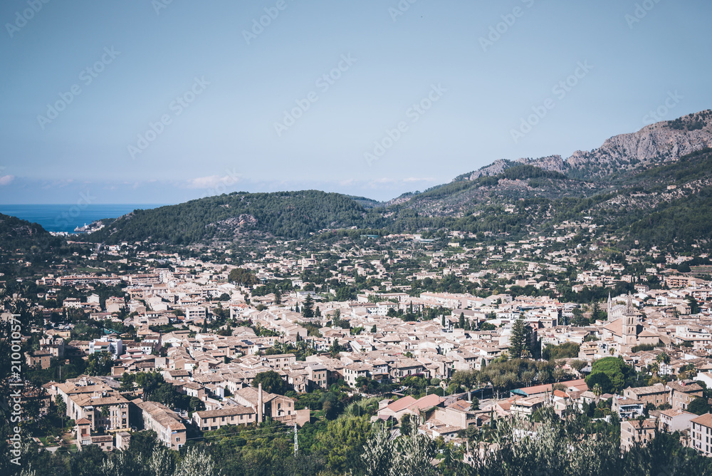 high angle view of town of Soller, Mallorca, Spain