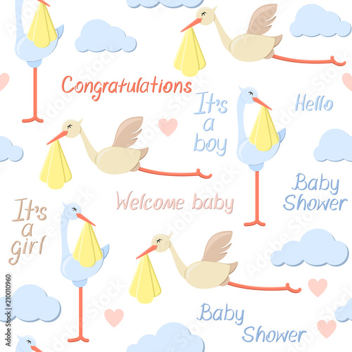 Seamless pattern with stork carrying baby and lettering. Flat style vector illustration. Suitable for wallpaper, wrapping or textile