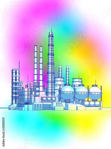 modern chemical manufacturing plant on a blue technological background with a stylized digital wave - the concept of modern technology, the new industrial revolution & information technology / vector