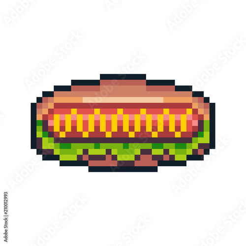 Pixel art hot dog isolated on white background.