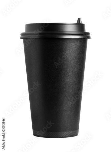 Front view of cardboard black coffee cup with lid isolated on white background