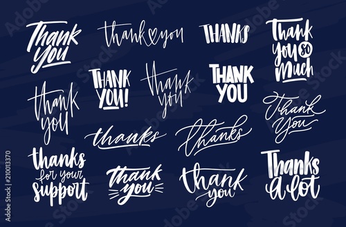 Bundle of modern Thank You inscriptions or gratitude phrases written with various decorative calligraphic fonts. Set of lettering decorated with cute elements. Hand drawn vector illustration.
